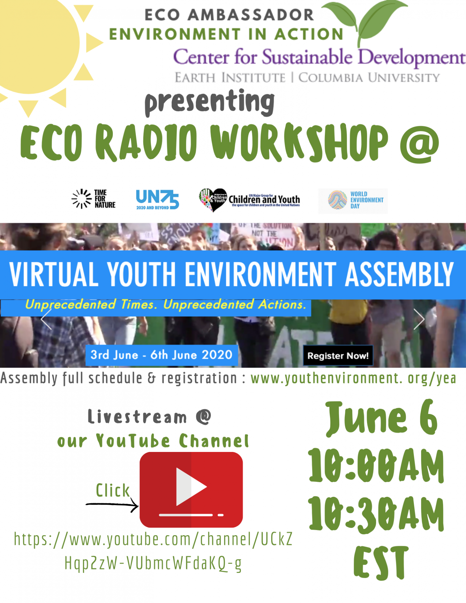 Event poster for Eco Ambassador at CSD presenting Eco Radio Workshop at UNEP Youth event